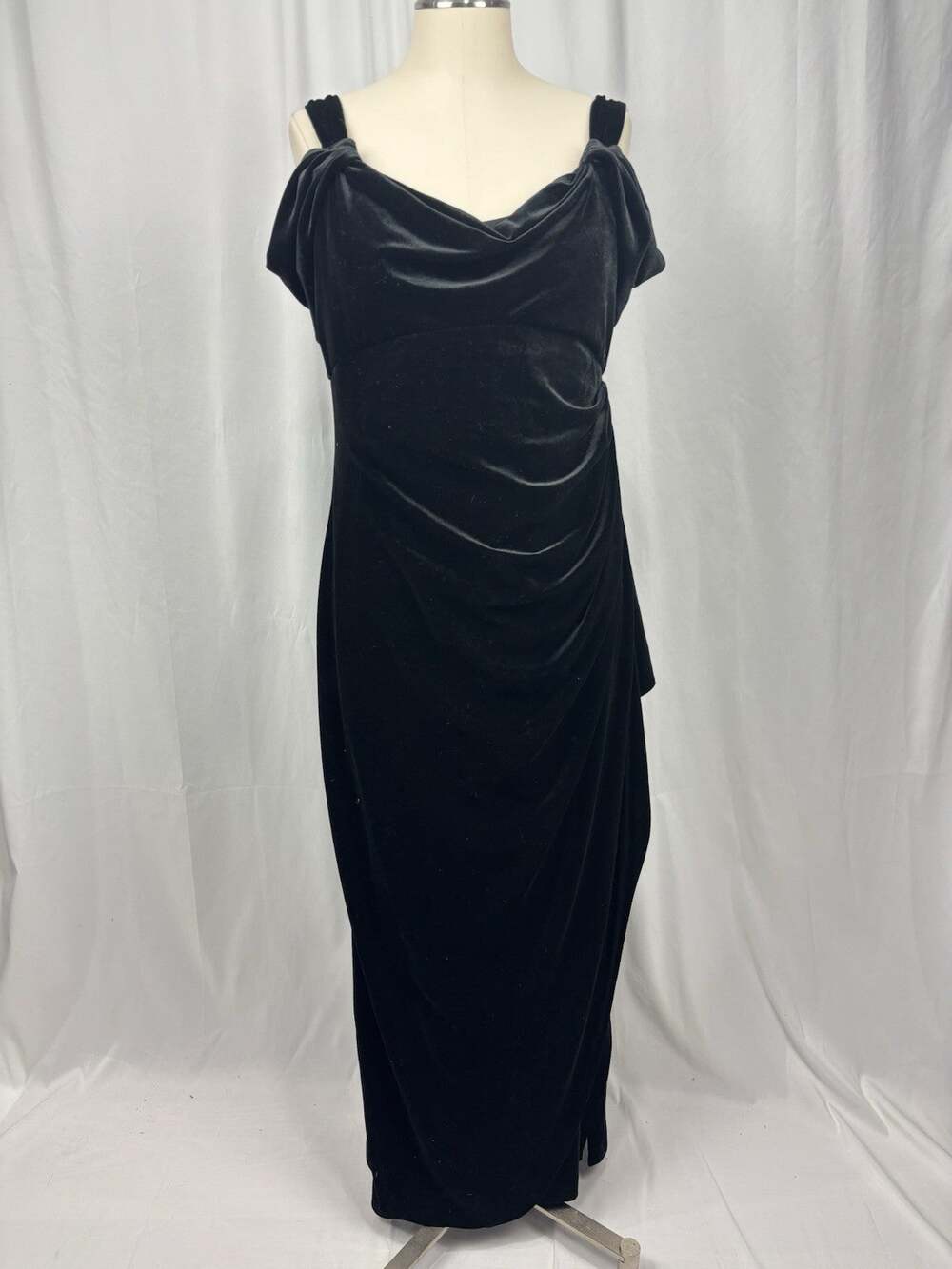 Alex Evenings Dress Black Velvet Cold Shoulder Cowl Neck Drape Gown 8P Formal